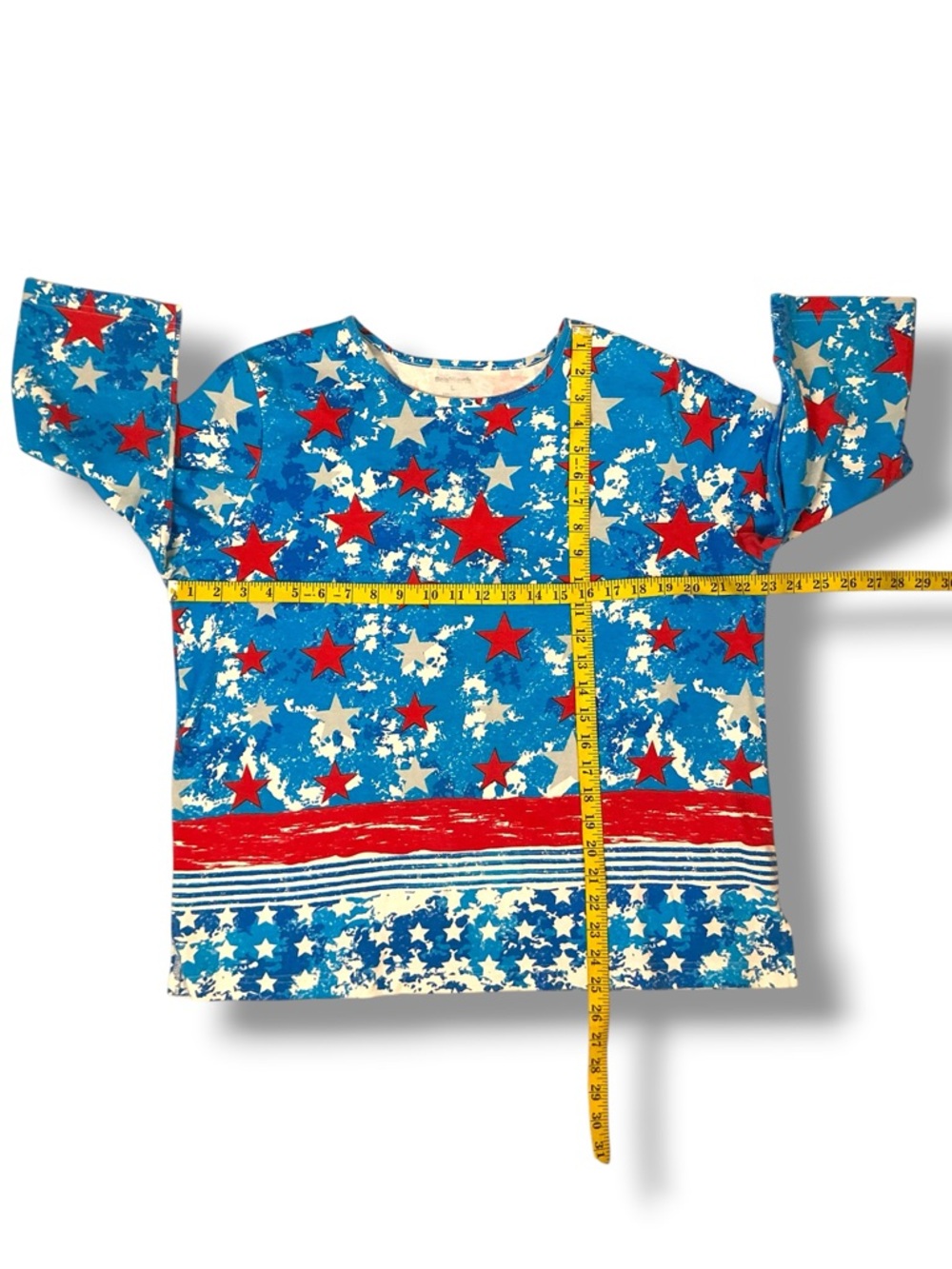 Patriotic Print Top Cotton Blend  3/4 Sleeve Round Neck Red Accent Blue Women L - Picture 4 of 14